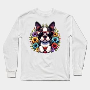 Cool Boston Terrier And Flowers Long Sleeve T-Shirt